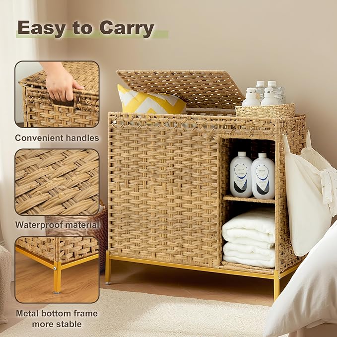 Laundry Hamper with Lid, 110L Rattan Laundry Hamper 2 Section with 50L Storage - Image 7