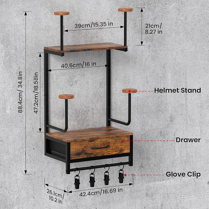 Motorcycle Helmet Holder Wall Mount, Solid Wood and Metal Helmet Rac, - Image 2