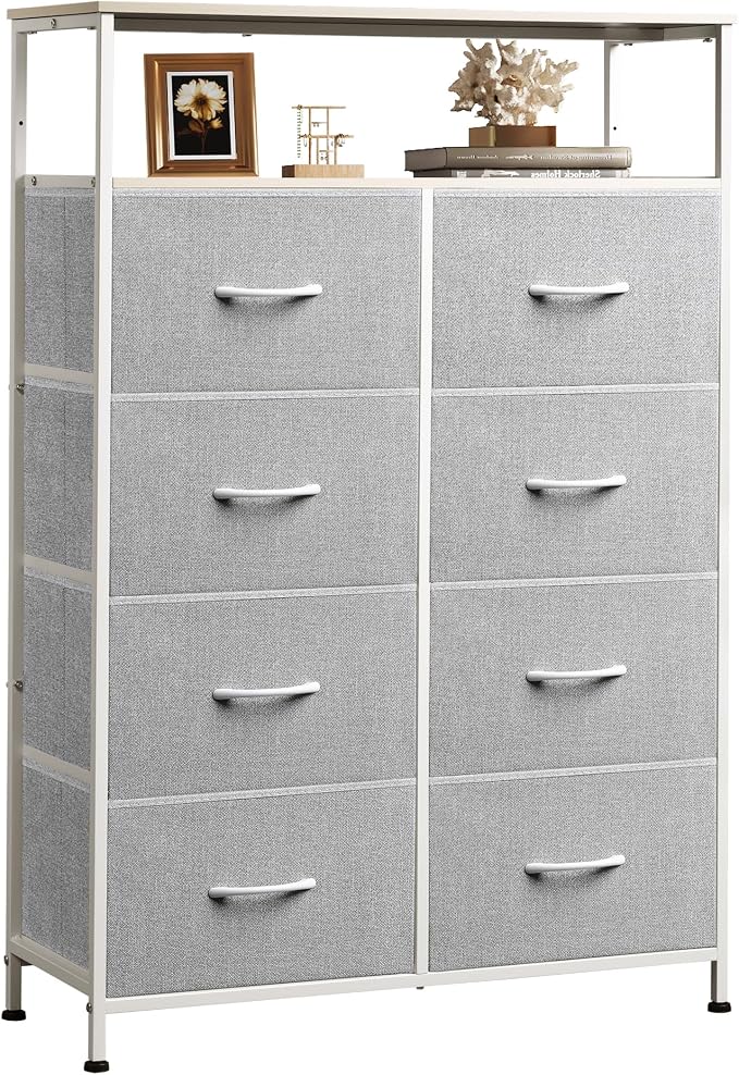 WLIVE 8 Drawer Fabric Dresser Open Shelves, Tall Bedroom Chest, Light Grey | by WLIVE