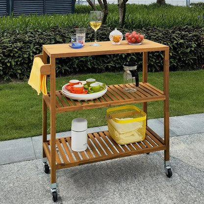 Interbuild 3 Tier Acacia Hardwood Kitchen Cart Portable Rolling Trolley Cart - Image 2