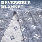 jinchan Boho 100% Cotton Blanket Muslin 50x60 Inches Lightweight 3-Layer Geometric Cross Pattern Reversible Quilt Throw Soft Breathable Comfy All Seasons for Couch Bed Decor, Blue