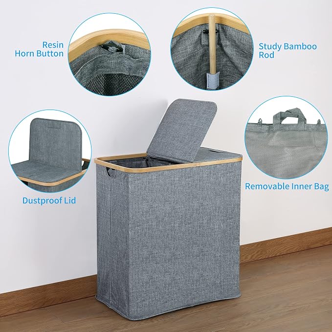 efluky Laundry Hamper with Lid, Double Laundry Hamper with 2 Removable Bags - Image 2