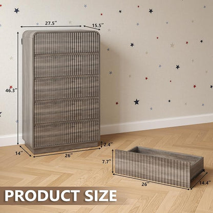 Tall Dresser for Bedroom with 5 Drawers, Fluted Chest of Drawers with Round - Image 2