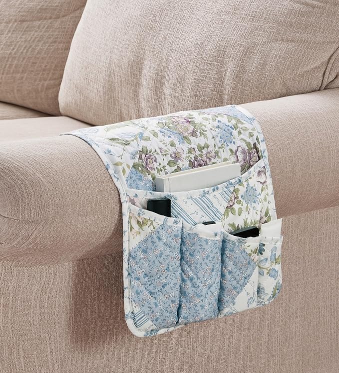 Brilliant Sunshine Blue Rose Patchwork Couch Armrest 5 Pockets Organizer - Image 2