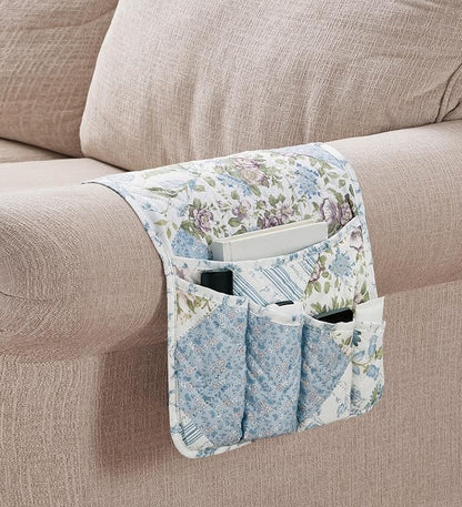 Brilliant Sunshine Blue Rose Patchwork Couch Armrest 5 Pockets Organizer - Image 2