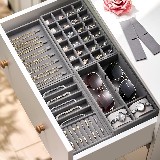 Velvet Jewelry Drawer Organizer Trays – Grey Stackable Jewelry Storage Inserts - Image 4