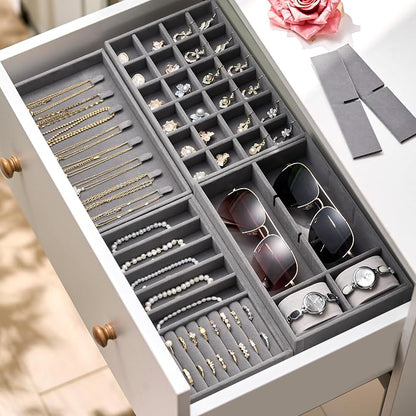 Velvet Jewelry Drawer Organizer Trays – Grey Stackable Jewelry Storage Inserts - Image 4