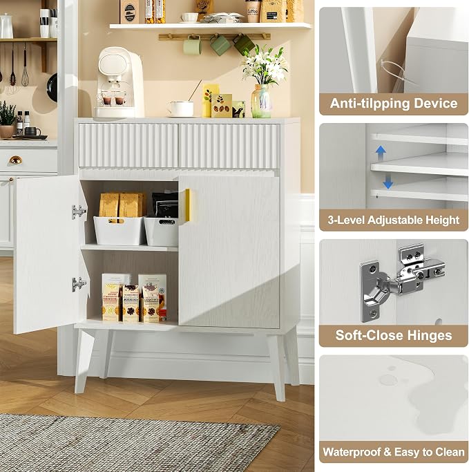 Sideboard Storage Cabinet with 2 Drawers & 2 Doors, Fluted Kitchen Buffet - Image 4