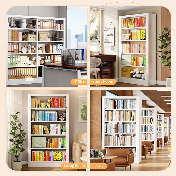 5-Tier Bookcase with Adjustable Storage Shelves, Metal Bookshelf with Book - Image 9