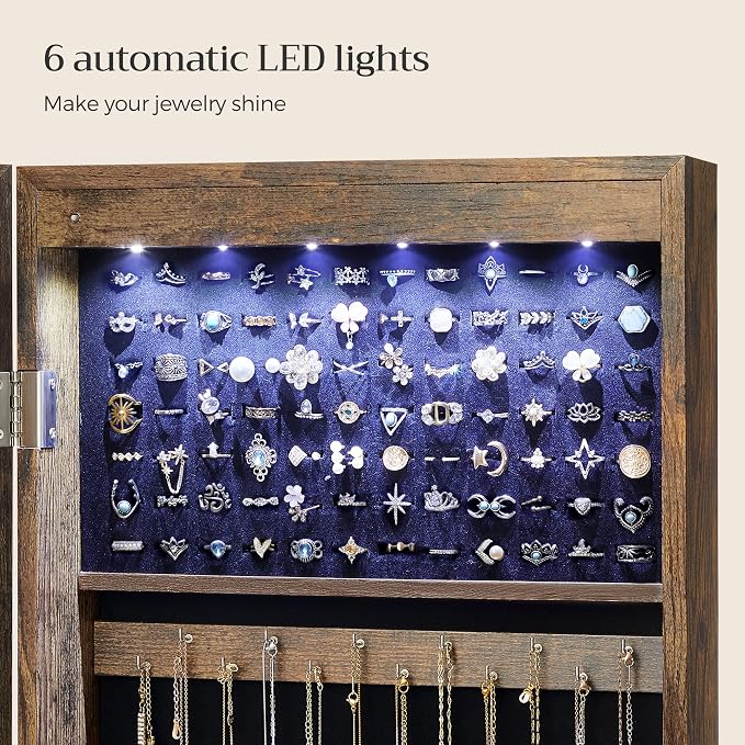 SONGMICS 6 LEDs Mirror Jewelry Cabinet, 47.2-Inch Tall Lockable Wall or Door - Image 4