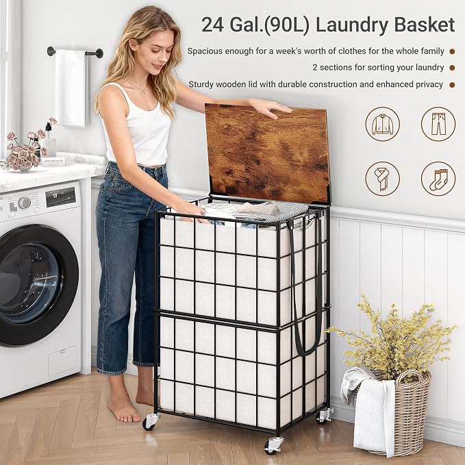 90L Laundry Basket with Wheels, Large Capacity Laundry Hamper with Removable - Image 6
