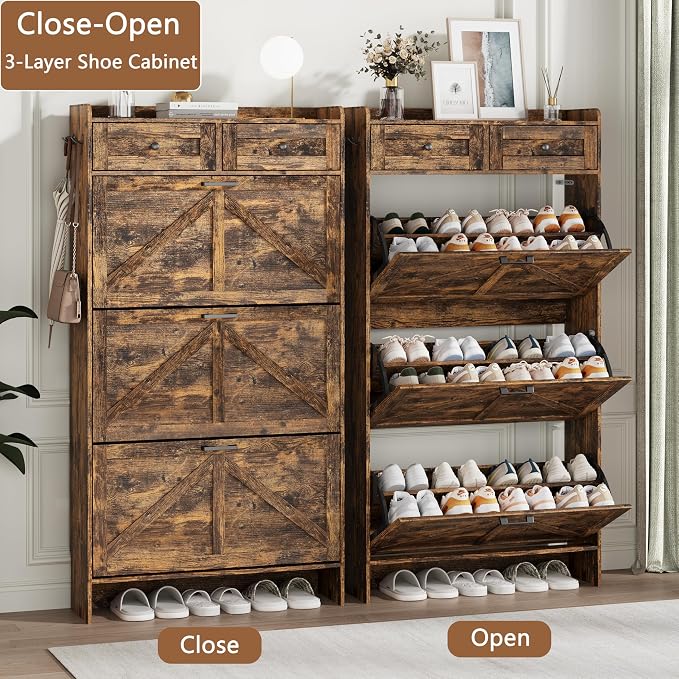 Shoe Cabinet with 3 Flip Drawers & 2 Top Drawers, Hidden Slim Shoe Rack - Image 4