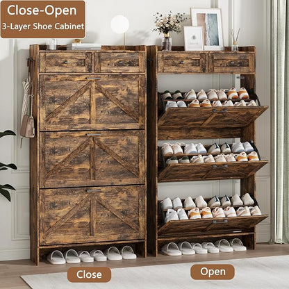 Shoe Cabinet with 3 Flip Drawers & 2 Top Drawers, Hidden Slim Shoe Rack - Image 4
