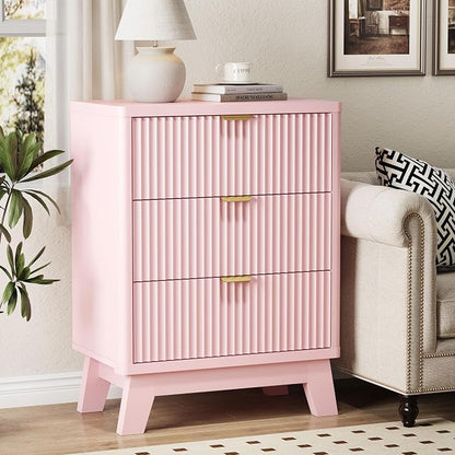 Fluted Nightstand with 3 Storage Drawers, Mid Century Modern Wooden Side Table - Image 3