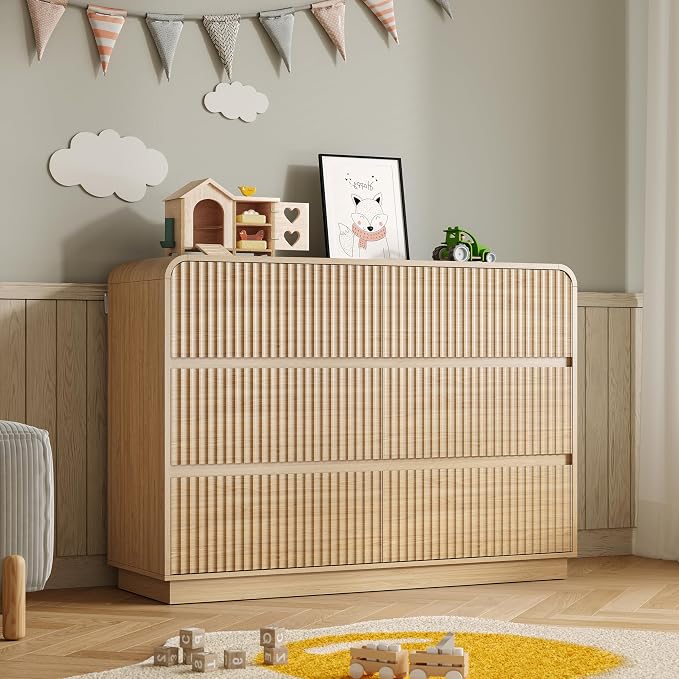 Dresser for Bedroom with 6 Drawers, Fluted Chest of Drawers with Round Curved by BORNOON