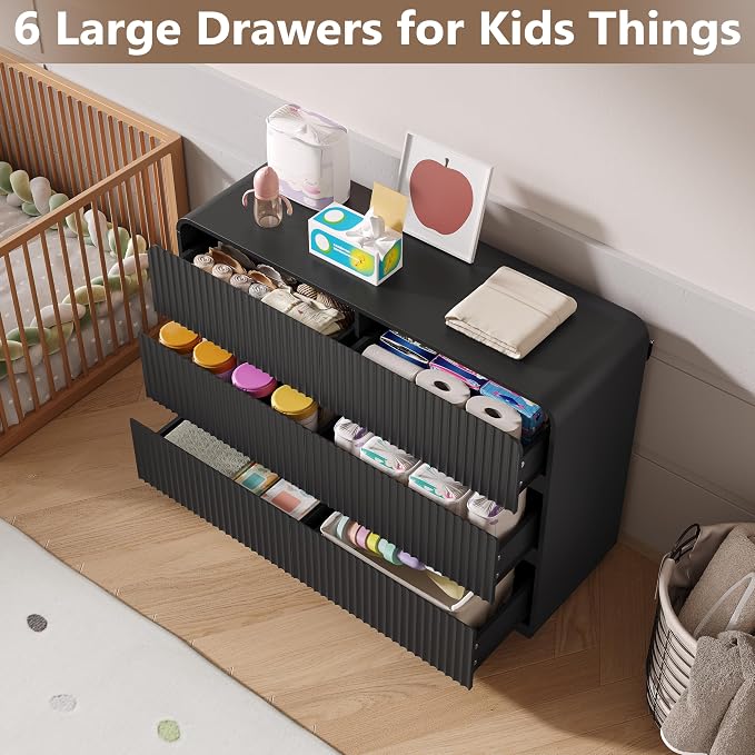 Dresser for Bedroom with 6 Drawers, Fluted Chest of Drawers with Round Curved - Image 3