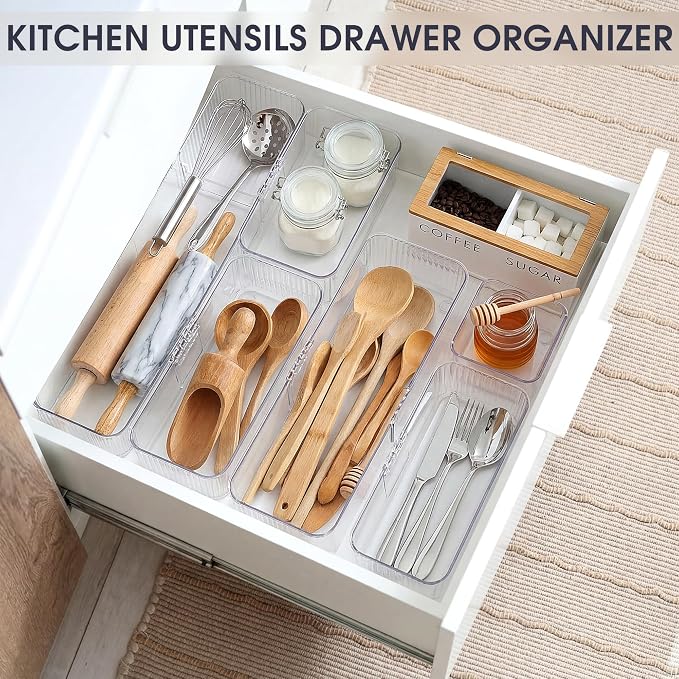 Aneco 14 Pieces Extendable Clear Drawer Organizer Adjustable Vanity Storage Box - Image 6
