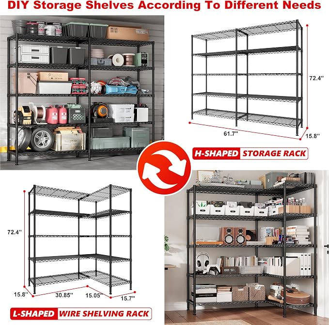72.4''H Storage Shelves Metal Shelving Unit Load 1500LBS, 5 Tier Wire Shelving - Image 3