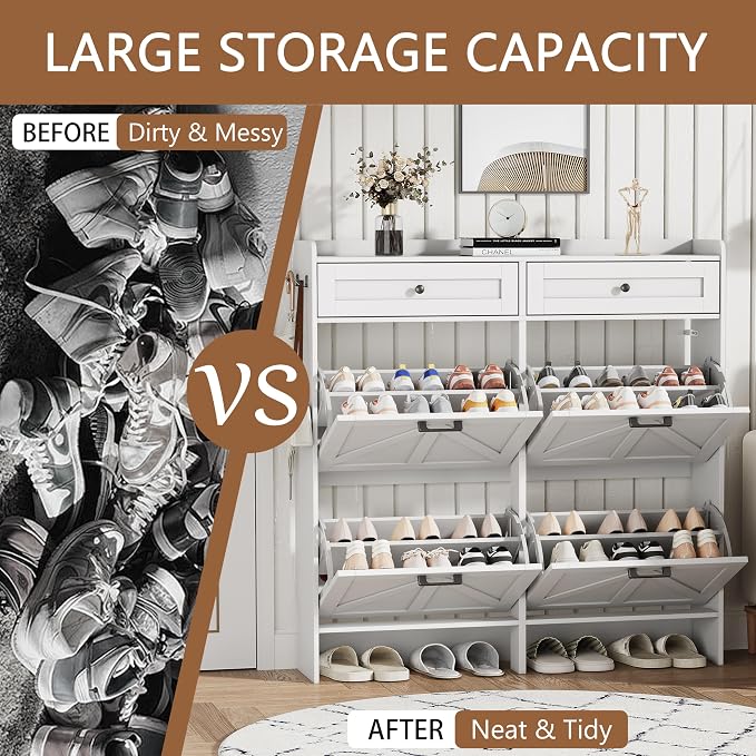 Shoe Cabinet with 4 Flip Drawers & 2 Top Drawers, Wooden Narrow Hidden Slim - Image 7