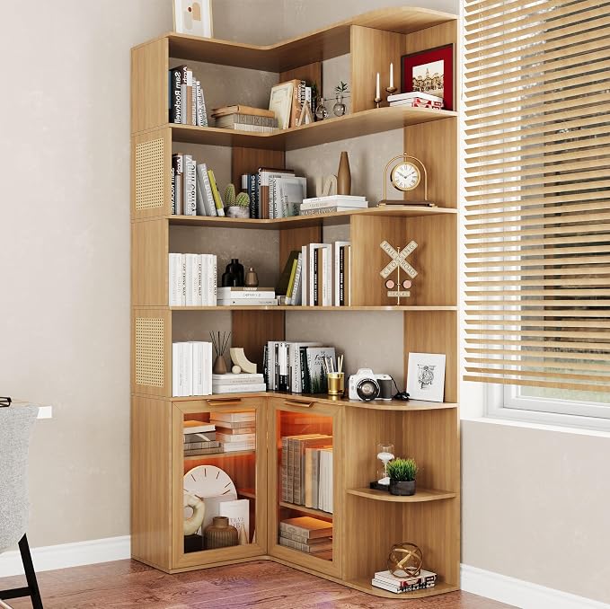 Corner Shelf with Storage Cabinet, 7-Tier Corner Bookshelf, Farmhouse L Shaped - Image 3
