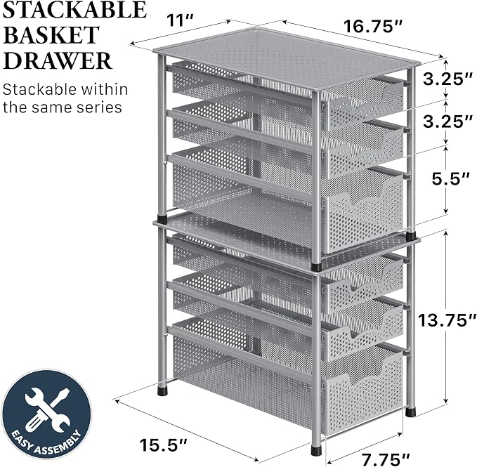 Simple Houseware Stackable 3 Tier Sliding Basket Organizer Drawer - Image 2