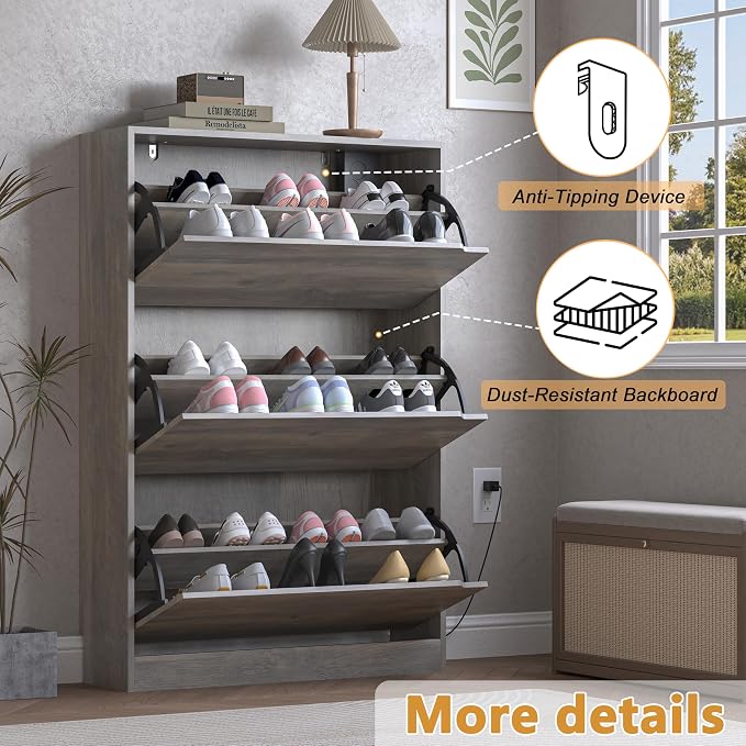BORNOON Shoe Cabinet with Odor Control and Back Panels, Deodorizing Slim 3-Flip - Image 6