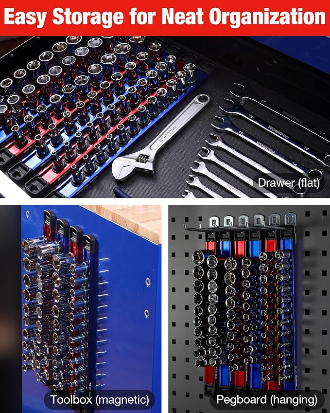 WORKPRO Magnetic Socket Organizer Set, 1/2" 3/8" 1/4" Drive Aluminum Alloy - Image 8