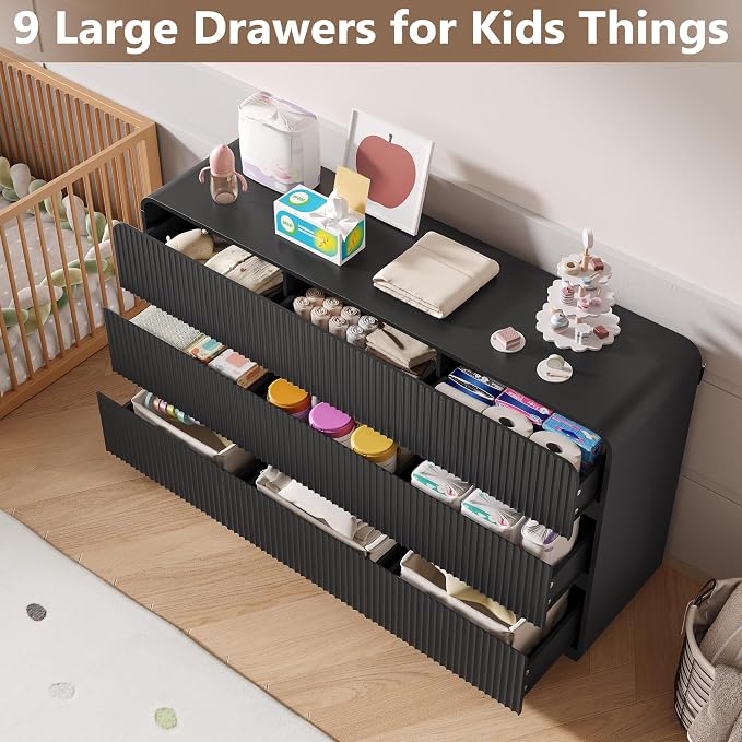 Dresser for Bedroom with 9 Drawers, Fluted Chest of Drawers with Round Curved - Image 3
