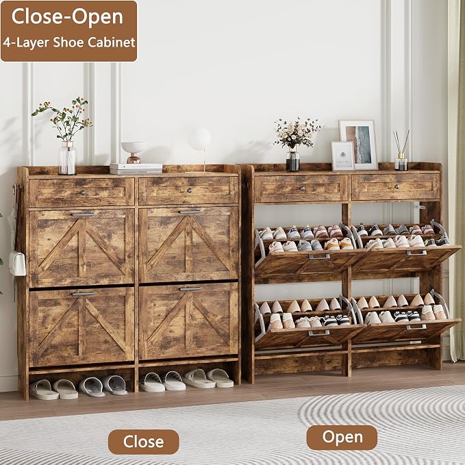 Shoe Cabinet with 4 Flip Drawers & 2 Top Drawers, Hidden Slim Shoe Rack - Image 4