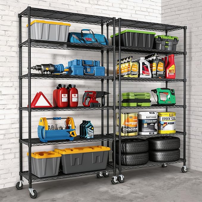 6 Tier Wire Metal Shelving Rack Garage Storage Rolling Shelves - Image 2