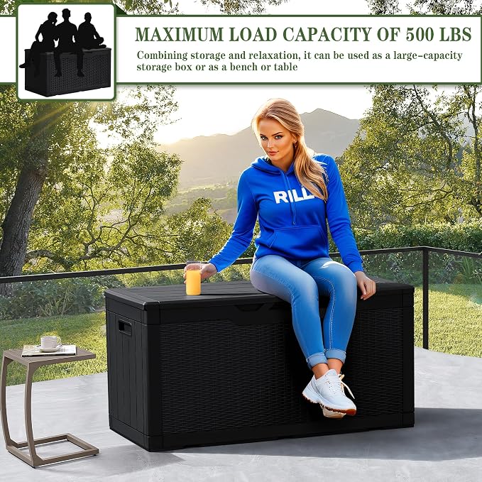 Greesum 100 Gallon Resin Deck Box Large Outdoor Storage, Imitation Rattan Weave - Image 4