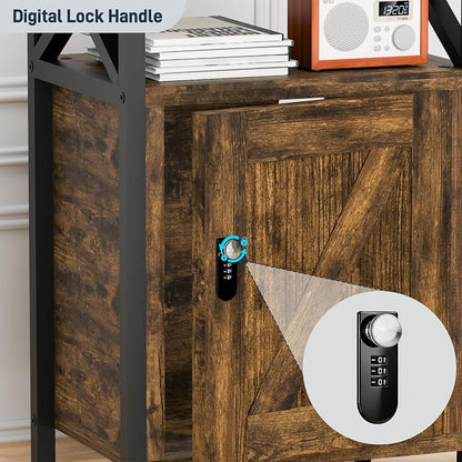 runjuly Wooden Nightstand with Lock Storage Cabinet, Rustic Brown | Locking - Image 7