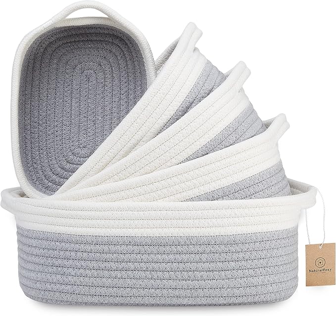NaturalCozy 5-Piece Rectangle Storage Basket Set- Natural Cotton Rope Woven by NaturalCozy