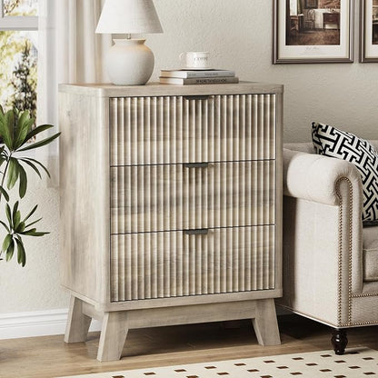 Fluted Nightstand with 3 Storage Drawers, Mid Century Modern Wooden Side Table - Image 3