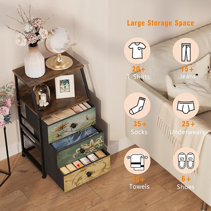Tohomeor Dresser with Fabric Drawers Nightstand with 2 Tier Shelf Storage Tower - Image 4