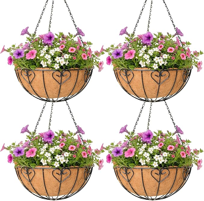 4 Pack Hanging Planter for Outdoor Plants 14 inch Metal Hanging Flower Basket by Unknown