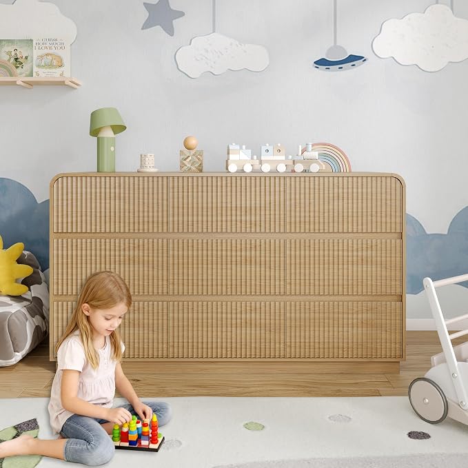 Dresser for Bedroom with 9 Drawers, Fluted Chest of Drawers with Round Curved - Image 7
