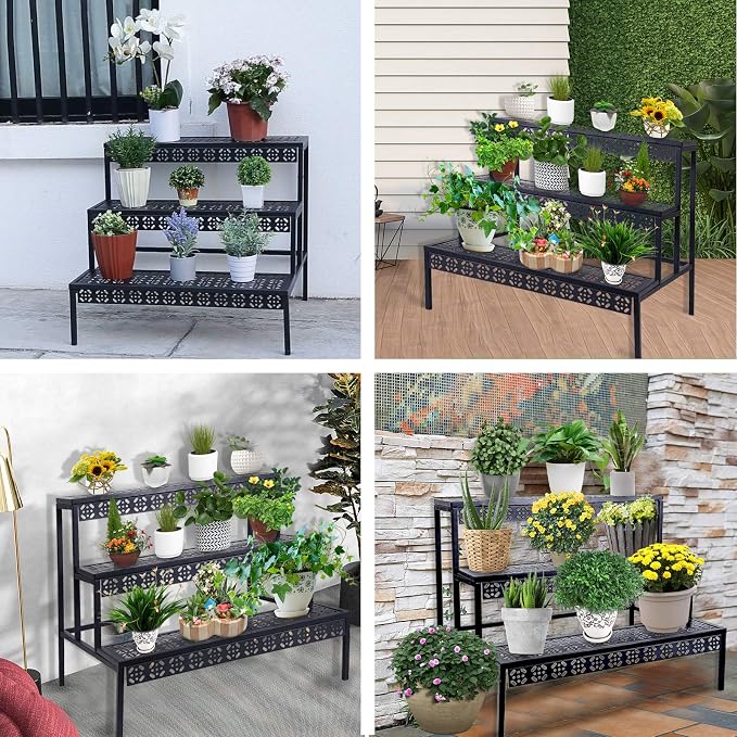 Garden 4 you 3 Tiers Metal Plant Stand, Rectangular Ladder Flower Pots Outdoor - Image 3