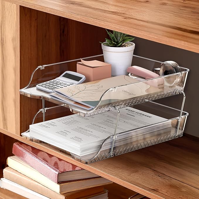Simple Houseware 2-Tier Clear Stackable Letter Tray Organizer – Desktop File - Image 7