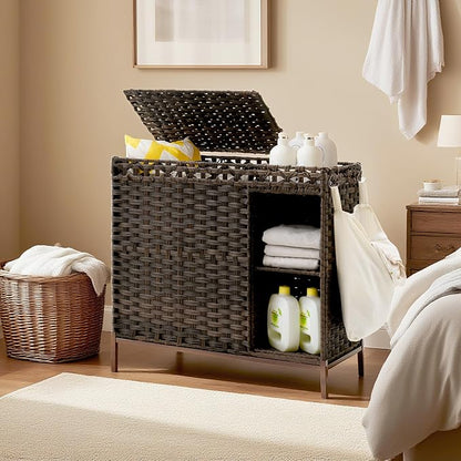 Laundry Hamper with Lid, 110L Rattan Laundry Hamper 2 Section with 50L Storage - Image 8