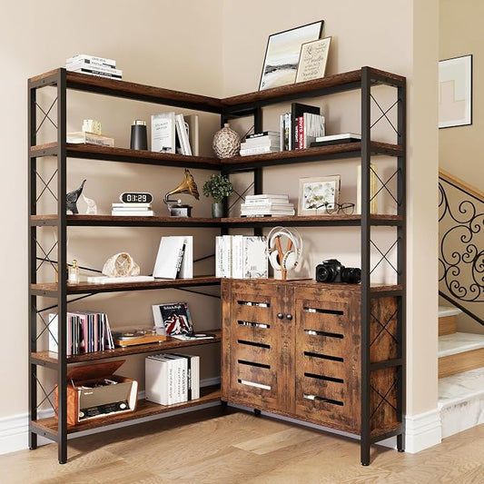 6-Shelf Corner Bookshelf, Vintage Industrial Corner Shelf Etagere Bookcase by WildhomeYourHomeFurnishingSolution