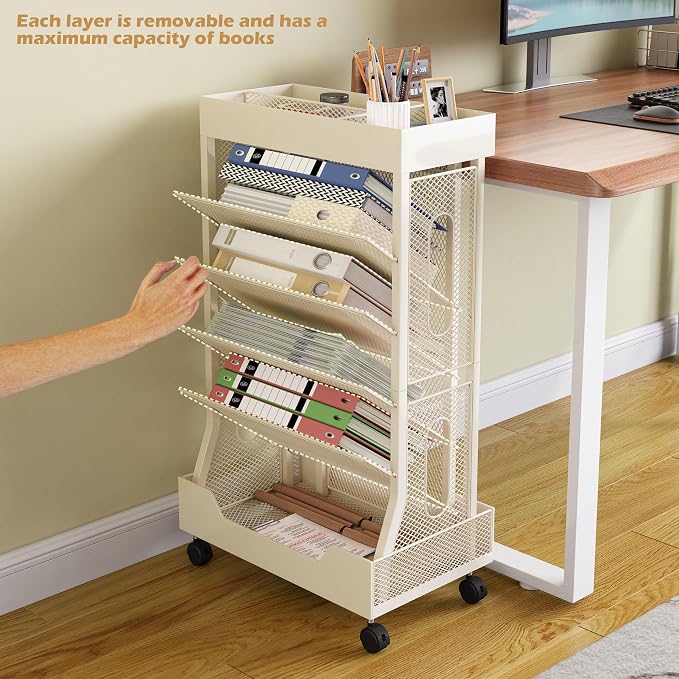 Book Cart with Wheels Mobile Bookshelf Rolling Bookshelf Organizer Bookcase - Image 4