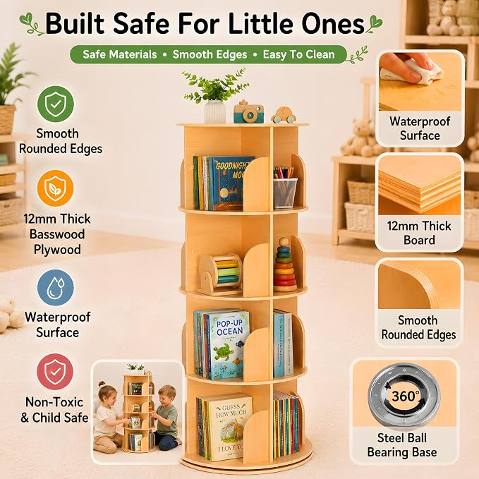 4 Tier Rotating Bookshelf, 360 Display Floor Standing Bookcase | Corner - Image 5