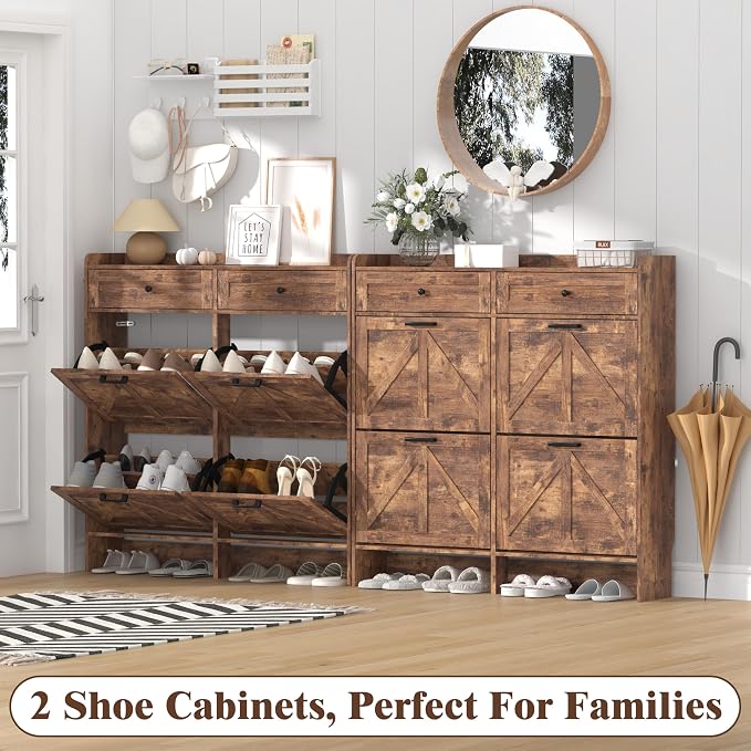 Thacuok Shoe Cabinet with 4 Flip Drawers & 2 Storage Drawers, Rustic Farmhouse - Image 9