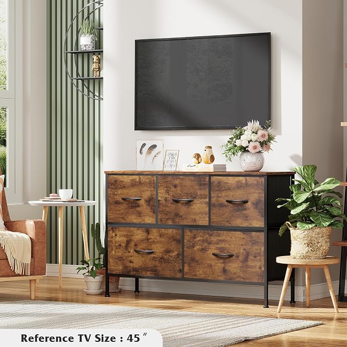 WLIVE 5 Drawer Dresser for Bedroom, Wide Chest of Drawers, Rustic Brown | 5 - Image 2