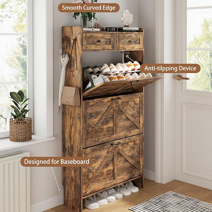 Shoe Cabinet with 3 Flip Drawers & 2 Top Drawers, Hidden Slim Shoe Rack - Image 5