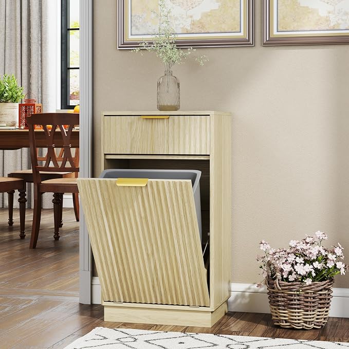 Tilt-Out Trash Cabinet with 10-Gallon Capacity, Walnut Laundry Hamper Cabinet - Image 2