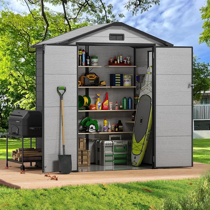 6 x 4 FT Resin Shed with Floor, 14MM Thick Double-Wall Panel Sheds | Lockable by Sylviera