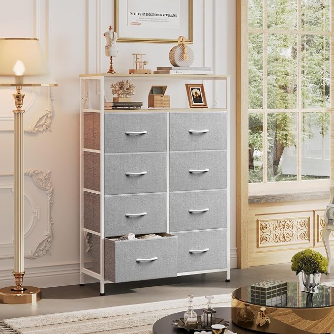 WLIVE 8 Drawer Fabric Dresser Open Shelves, Tall Bedroom Chest, Light Grey | - Image 4