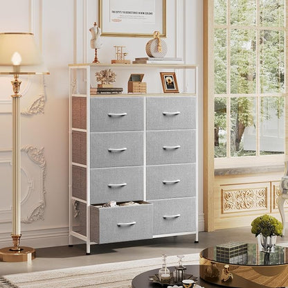 WLIVE 8 Drawer Fabric Dresser Open Shelves, Tall Bedroom Chest, Light Grey | - Image 4